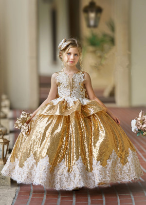 Gold Sequin Ivory Lace Peplum Gorgeous Flower Girl Dress